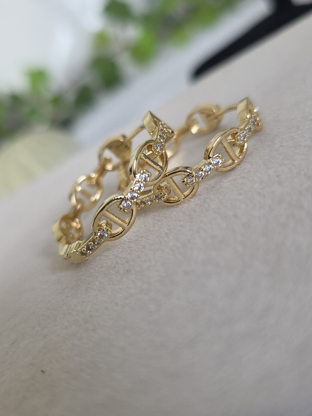 Gold Filled Huggie Hoop Earrings Mariners Link with Cubic Zirconia